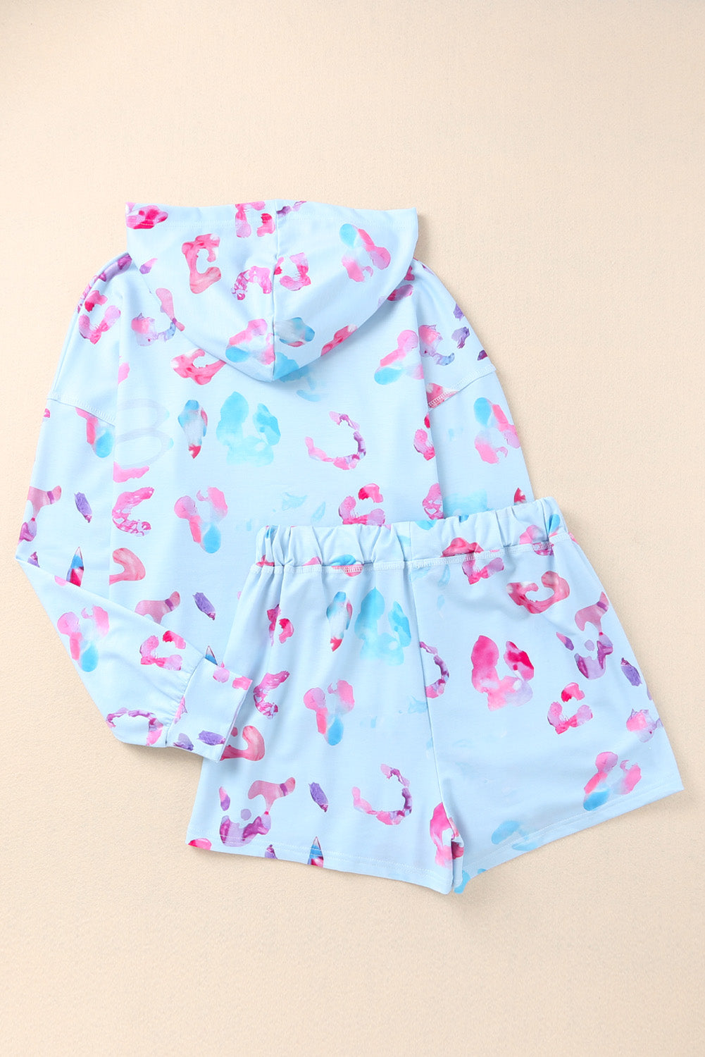 Sky Blue Leopard Print Hoodie and Shorts Set
