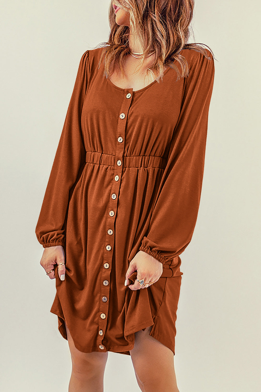 Red Button Up High Waist Long Sleeve Dress