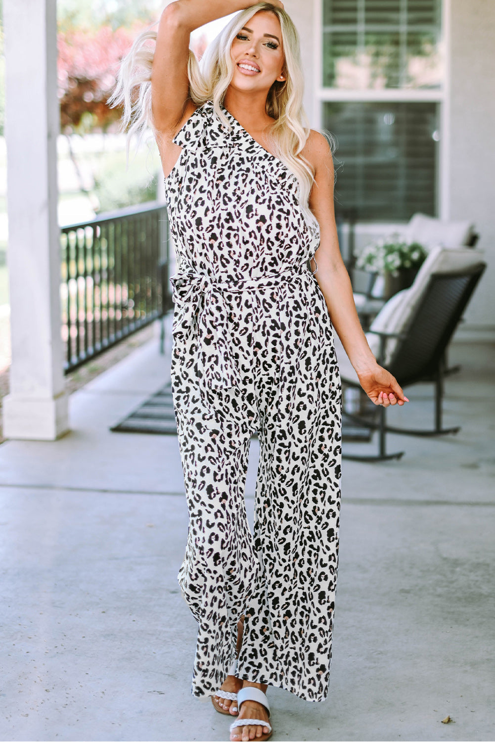 Leopard Print Slant One Shoulder Loose Jumpsuit