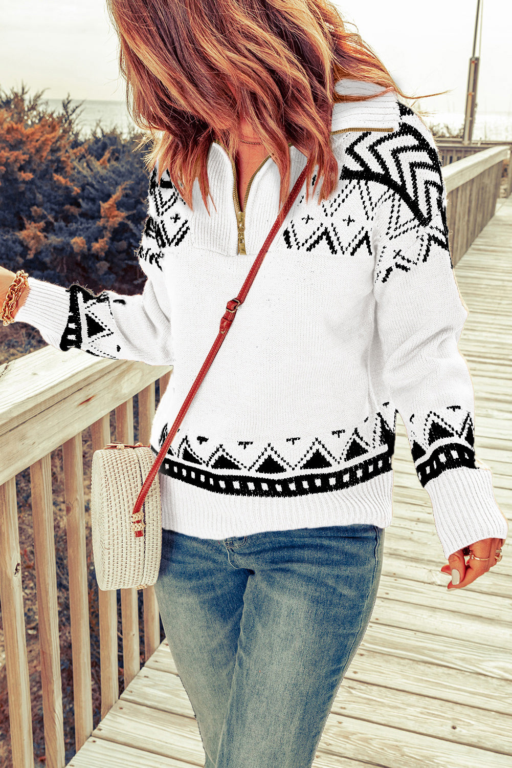 Blue Geometry Knit Quarter Zip Sweater