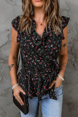Black Floral Print Belted Ruffled V Neck Sleeveless Top