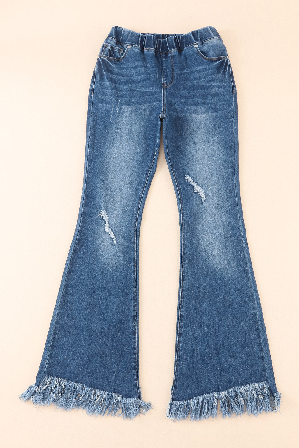 Blue Frayed Tassel Hem Elastic Waist Flared Jeans