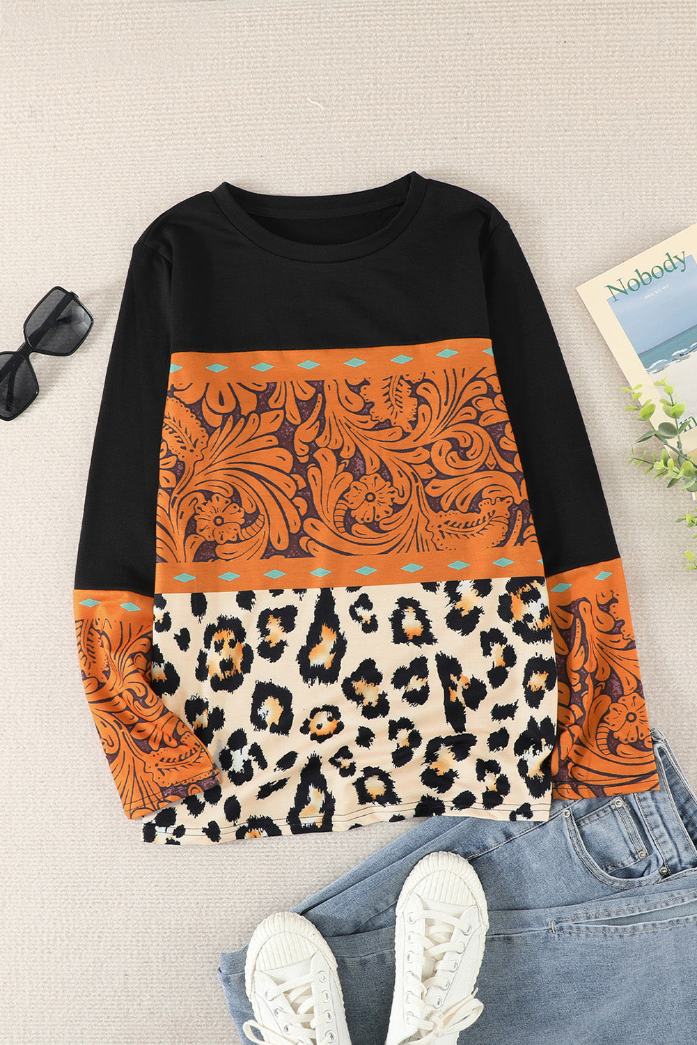 Black Leopard Tribal Print Splicing Long Sleeve Top