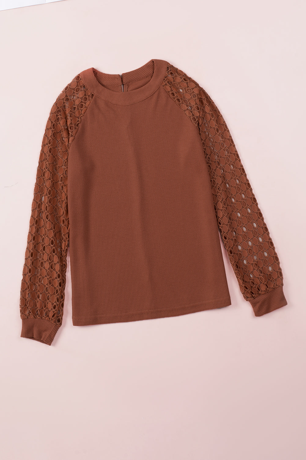 Brown Lace Contrast Long Sleeve Waffle Knit Top