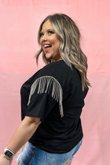 Black Plus Size Short Sleeve Fringe Knit T-Shirt