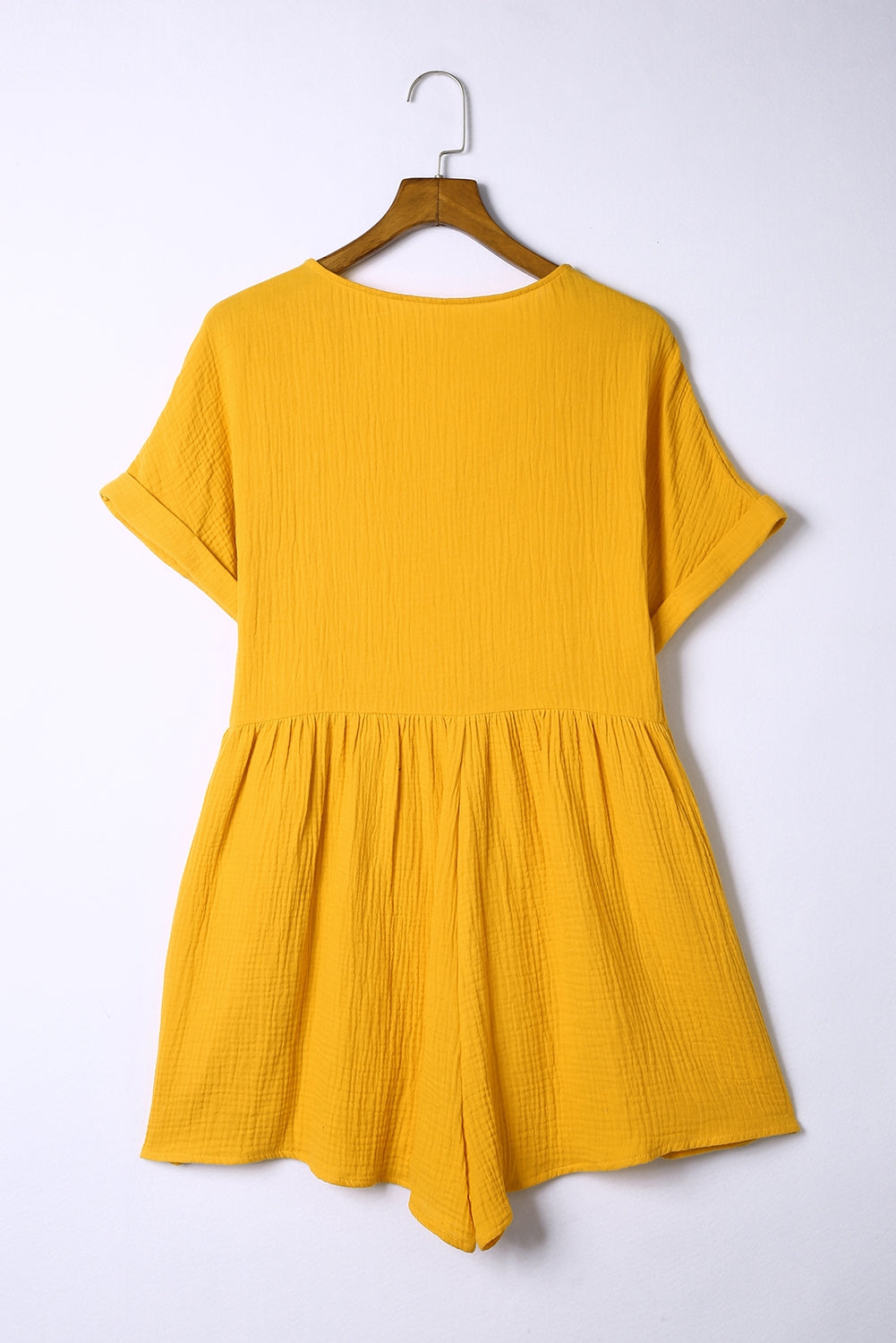 Yellow Button V Neck Crinkle Pocketed Romper