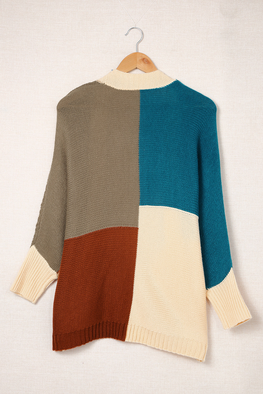 Brown Color Block Loose Open Front Knitted Cardigan