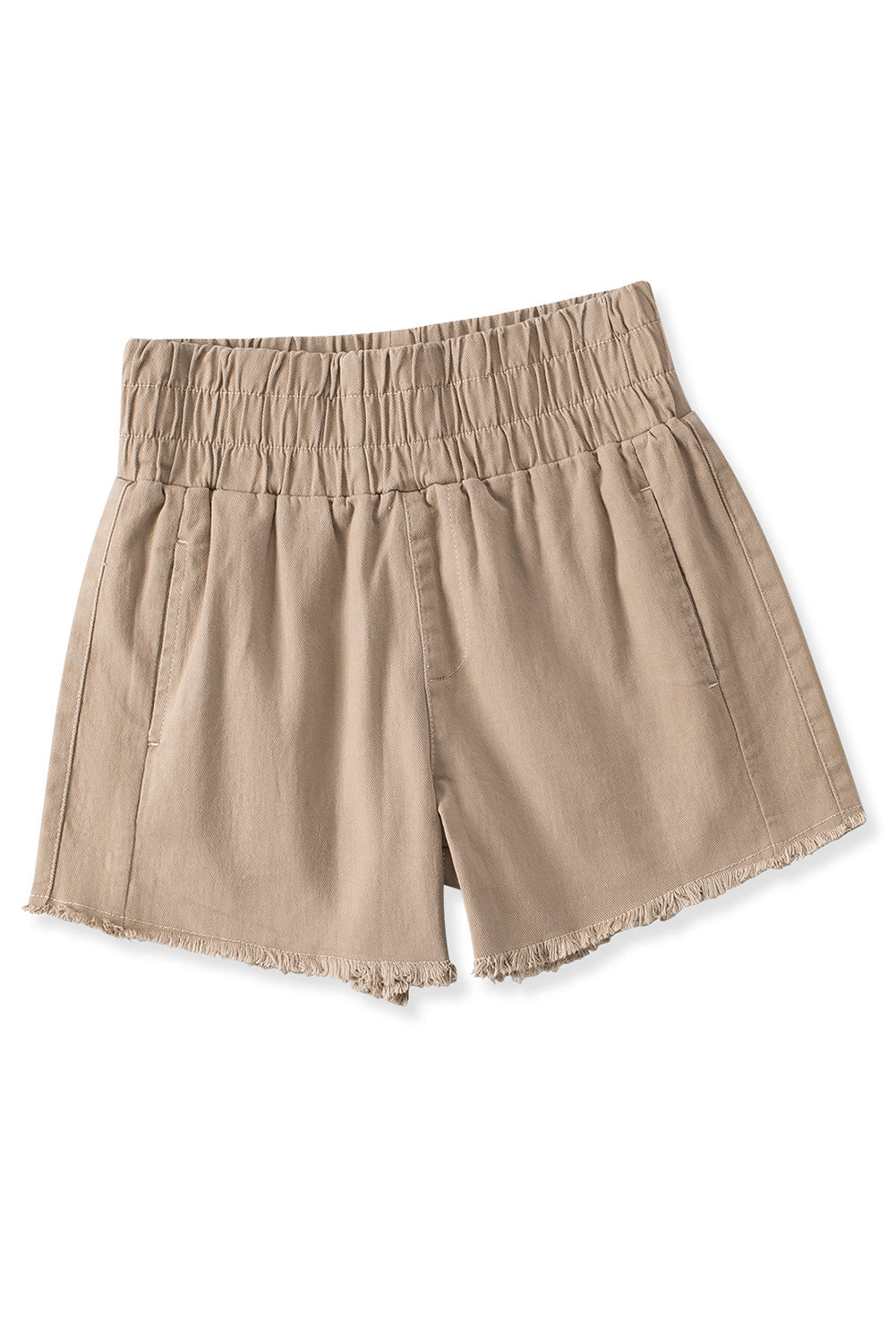 Khaki Smocked Elastic High Waist Casual Shorts