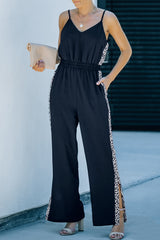 Black Leopard Patchwork Spaghetti Strap Wide Leg Jumpsuit