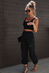 Black Elastic Waist Drawstring Cuffs Cargo Pants