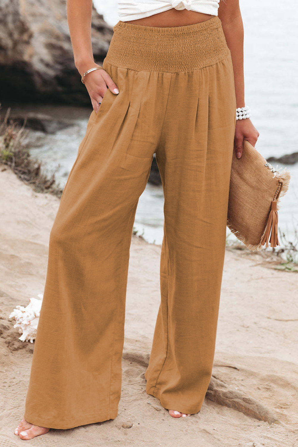 Black Smocked Wide Waistband High Waist Wide Leg Pants