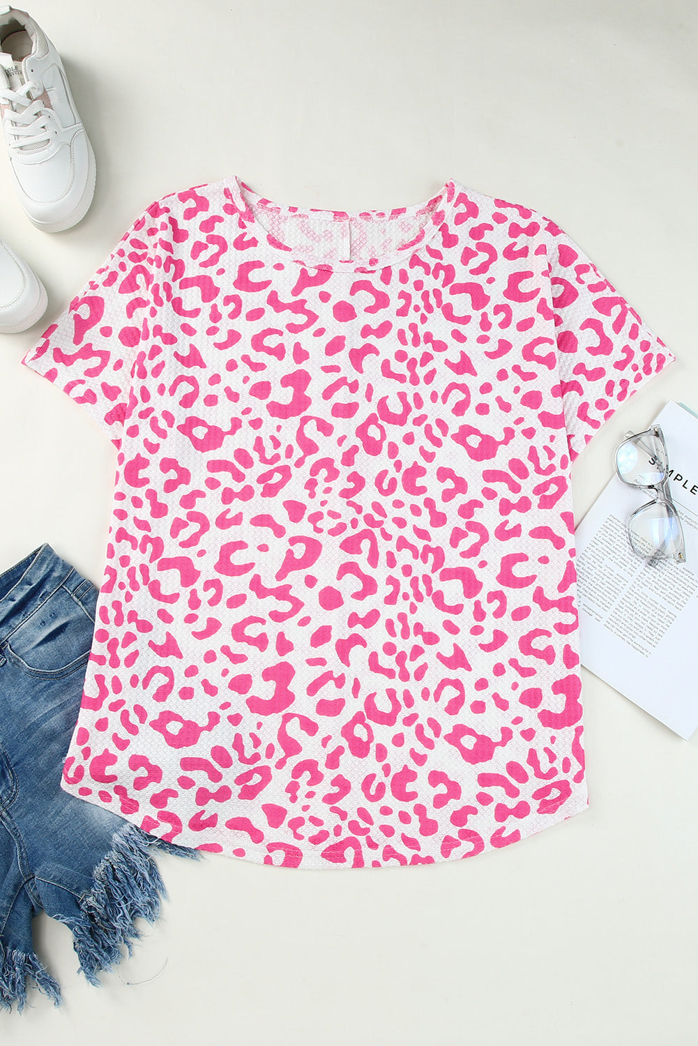 Rose Leopard Print Textured Knit Short Sleeve Plus Size T Shirt