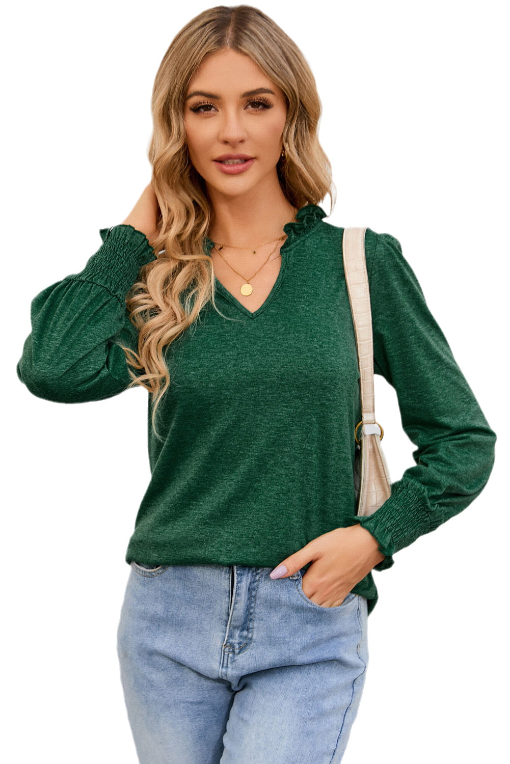 Black Frill V Neck Puff Long Sleeve Top