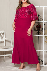 Red Sequin Mesh Open Back Plus Size Maxi Dress