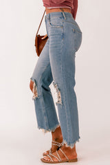 Sky Blue Distressed Knee Holes Straight Leg Jeans