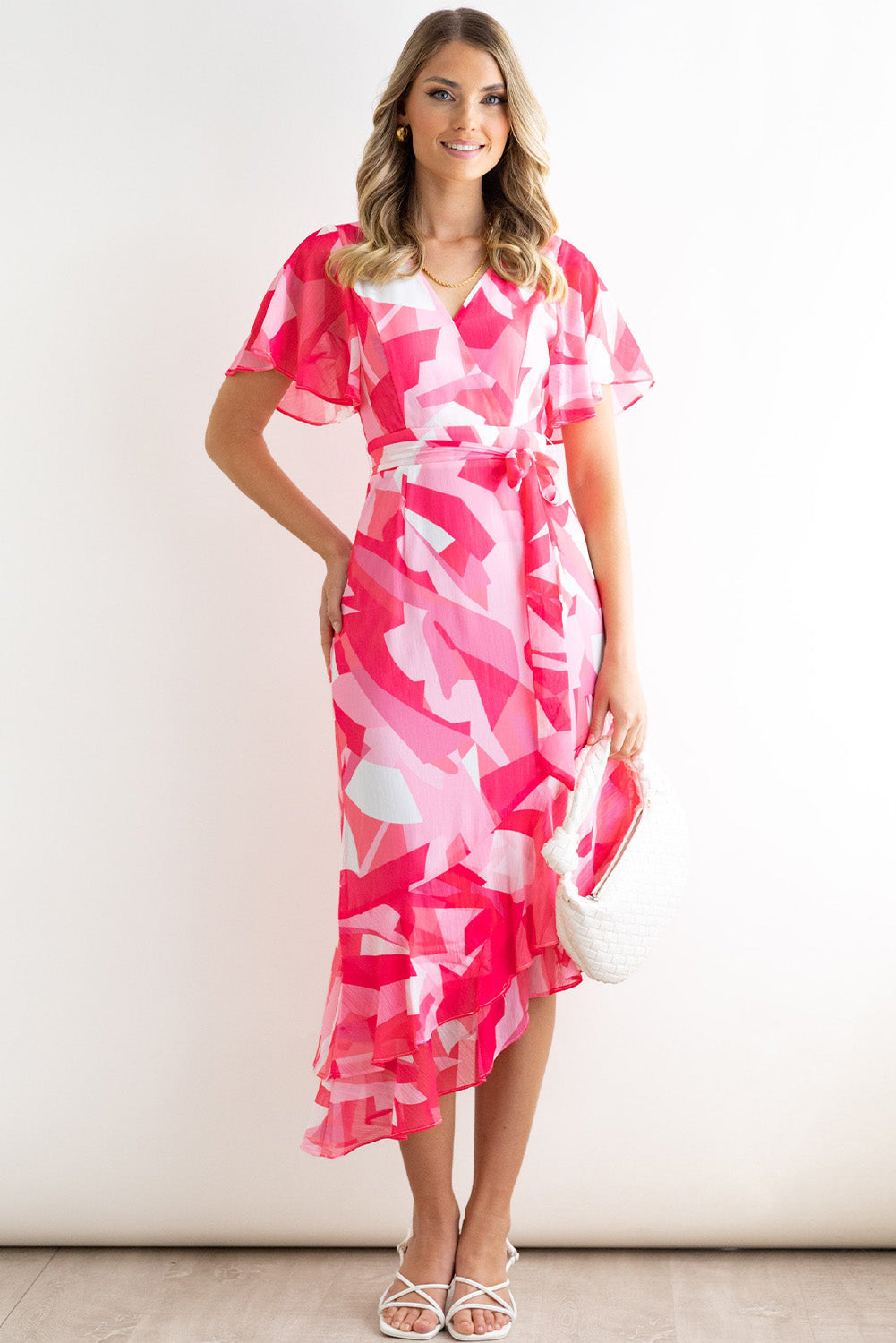 Rose Abstract Print Asymmetric Ruffle Hem Belted Dress