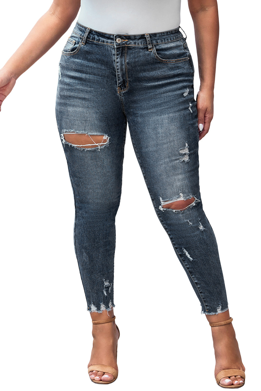 Blue Plus Size Distressed Ankle Length Skinny Jeans