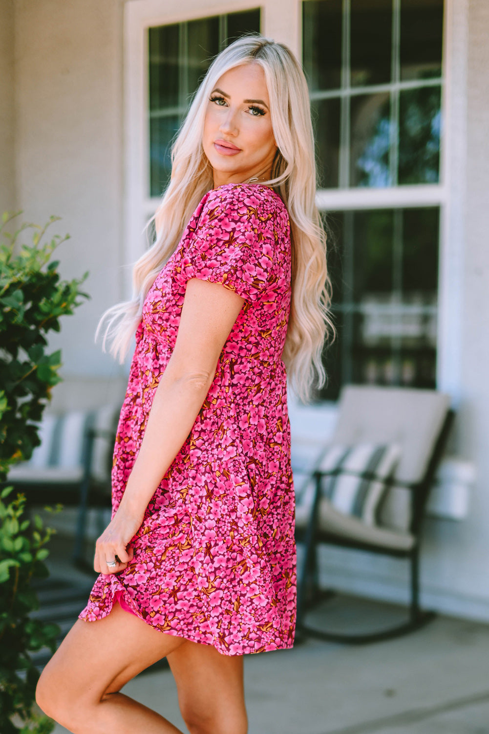 Khaki Floral Print Tiered Flutter Sleeve V Neck Top