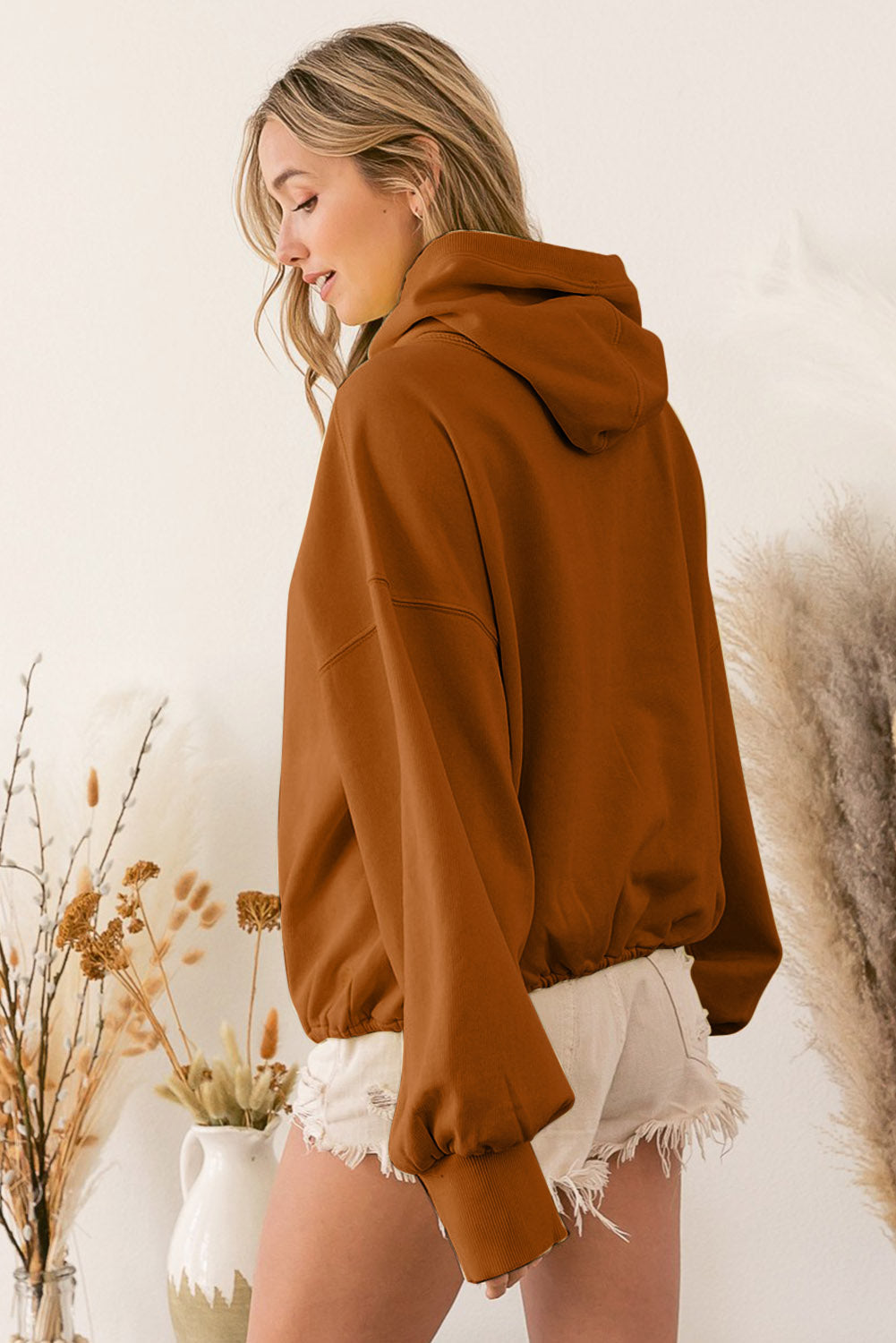 Gray Ribbed Trim Kangaroo Pocket Zipped Hoodie