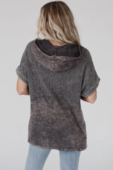 Black Waffle Knit Splicing Hooded Short Sleeve Top