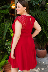 Red Plus Size Lace Yoke Splice Fit-and-flare Curvy Dress