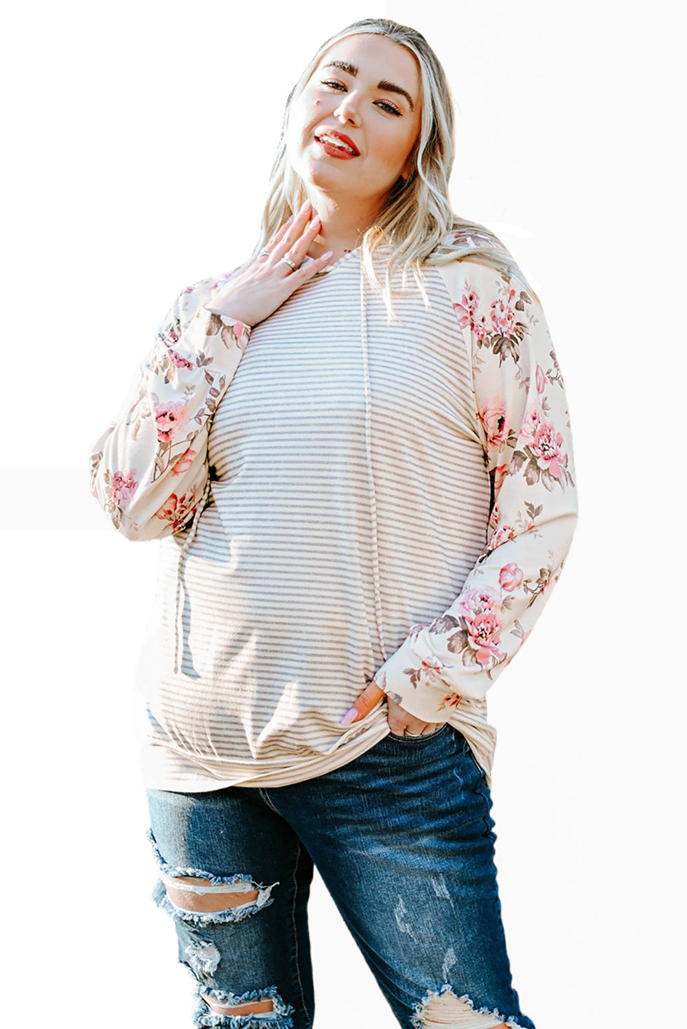 Stripe Plus Size Floral Raglan Sleeve Striped Hoodie