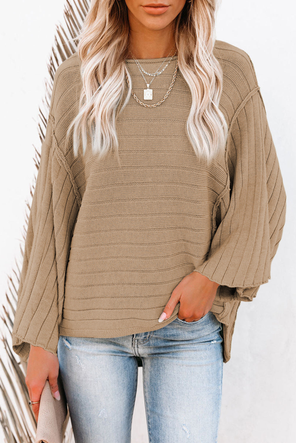 Black Exposed Seam Ribbed Knit Dolman Top