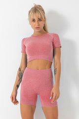 Rose Solid Crop Top and High Waist Shorts Yoga Set