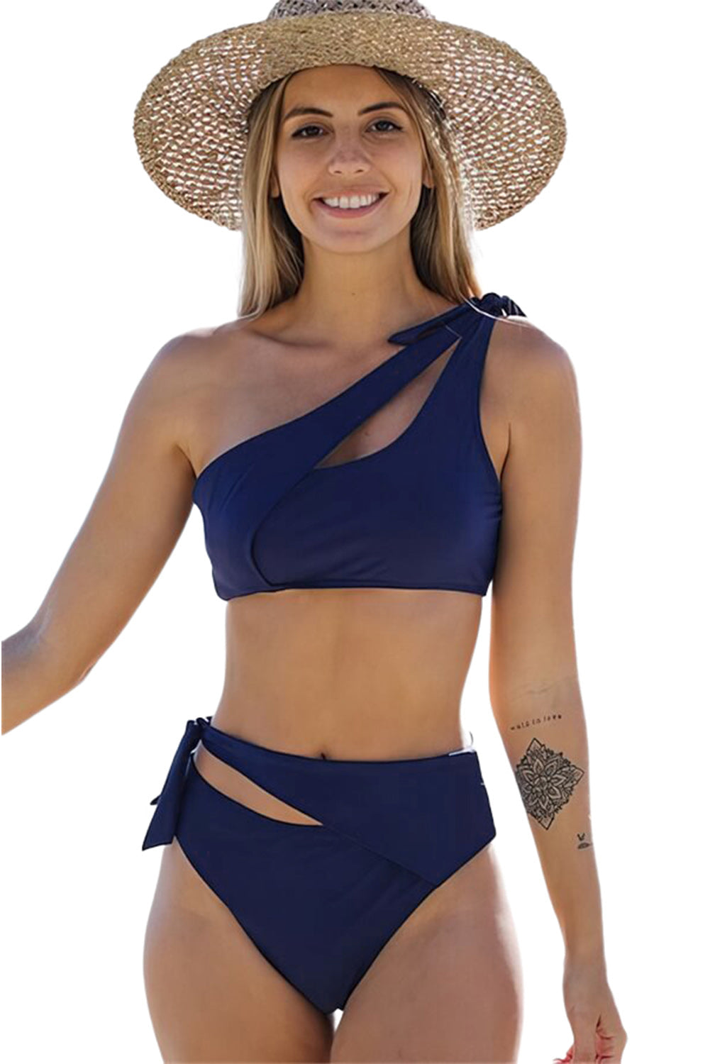 Blue Asymmetric Cutout Knotted High Waist Swimsuit