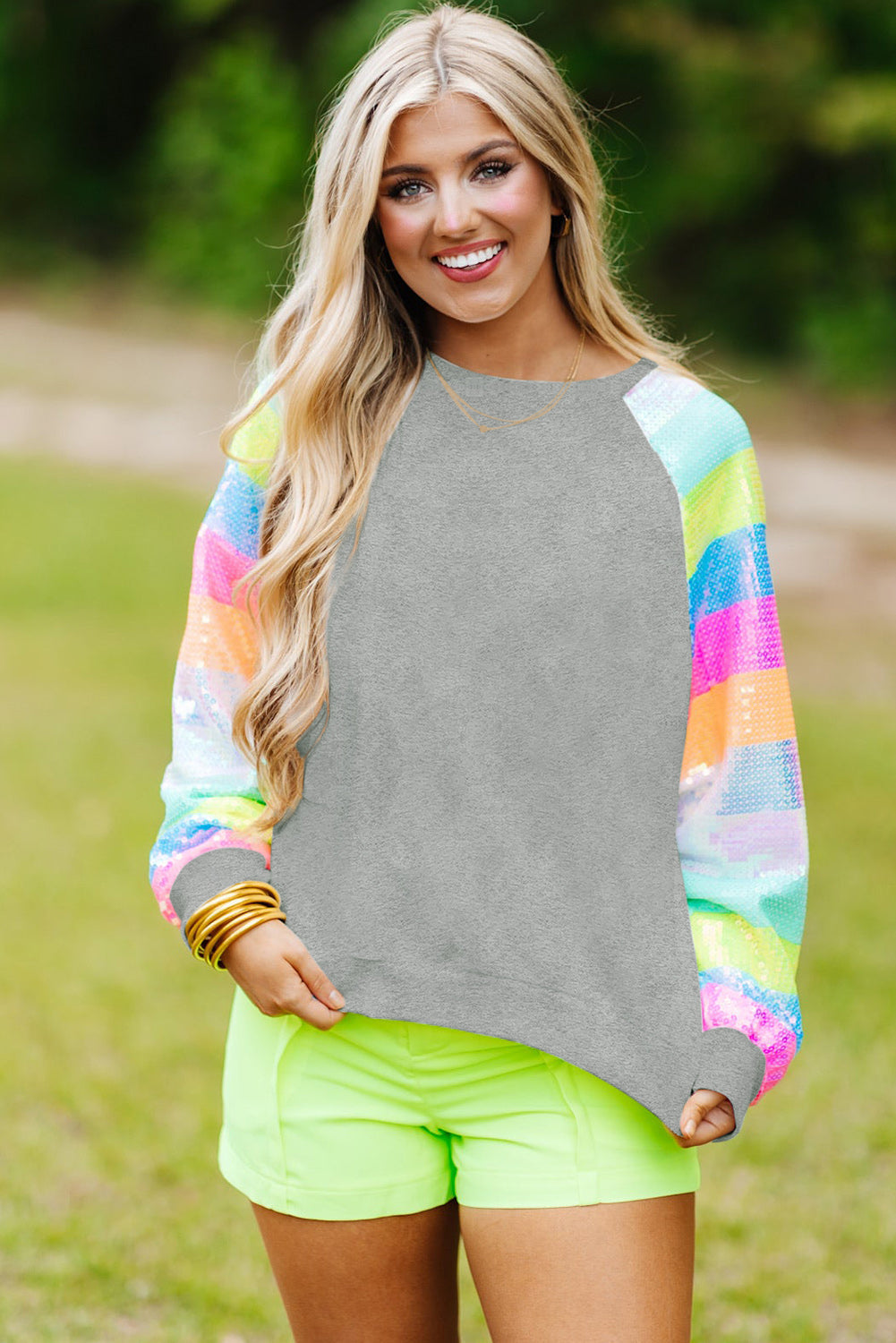 White Sequin Color Block Raglan Sleeve Pullover Sweatshirt