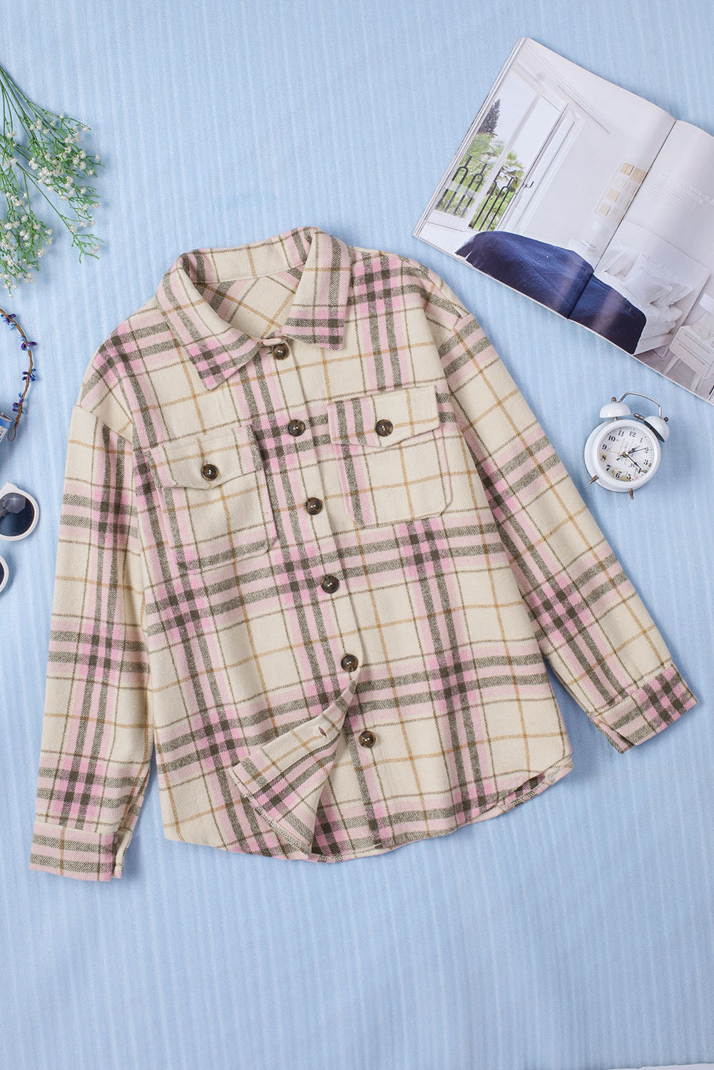 Pocketed Button-up Long Sleeve Plaid Jacket