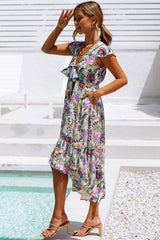 Multicolor Boho Floral Print Self-tie High Waist Long Dress