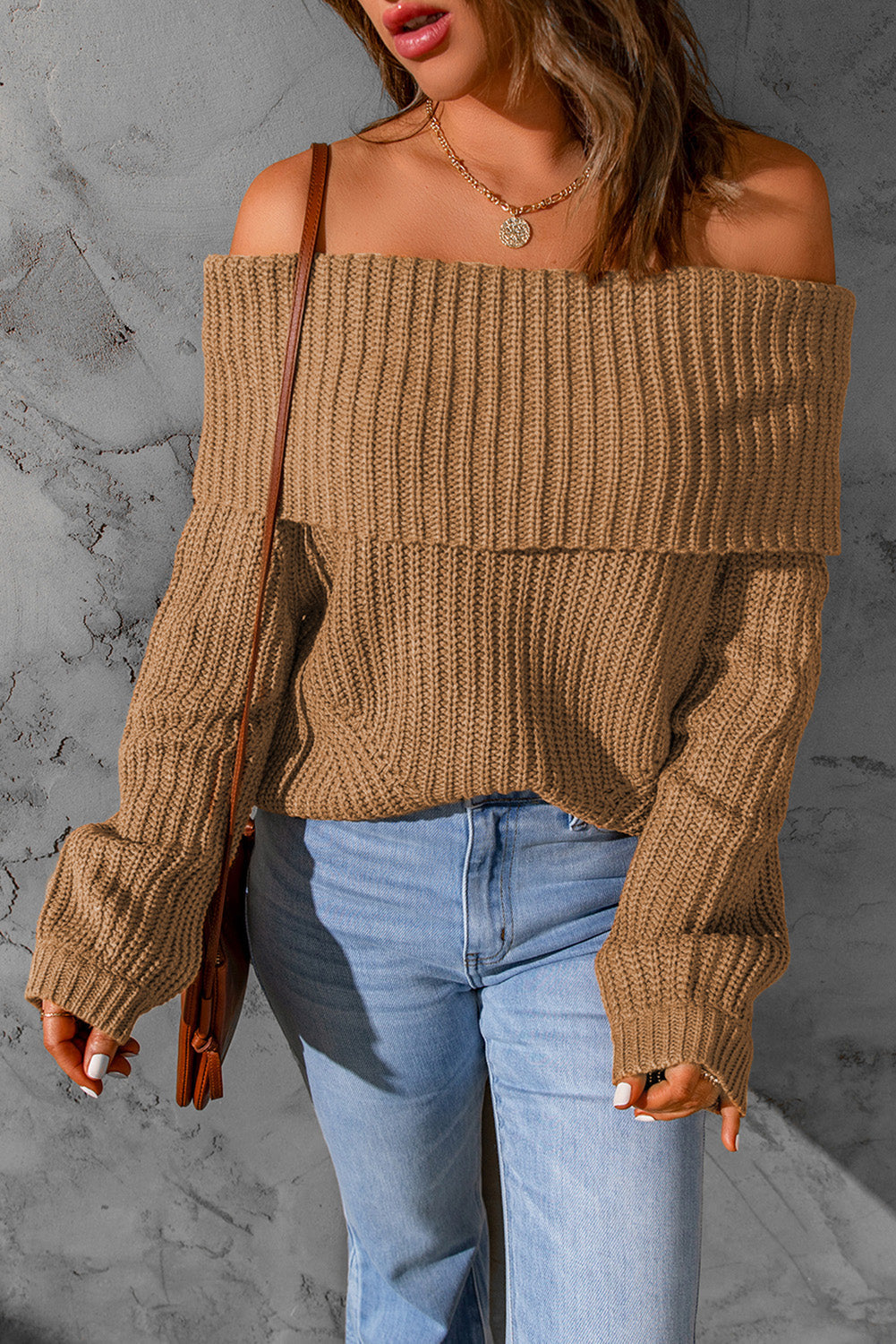 Brown Ribbed Knit Off Shoulder Sweater