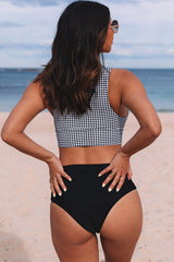 Black Gingham Tie Front Bikini High Waist Swimsuit