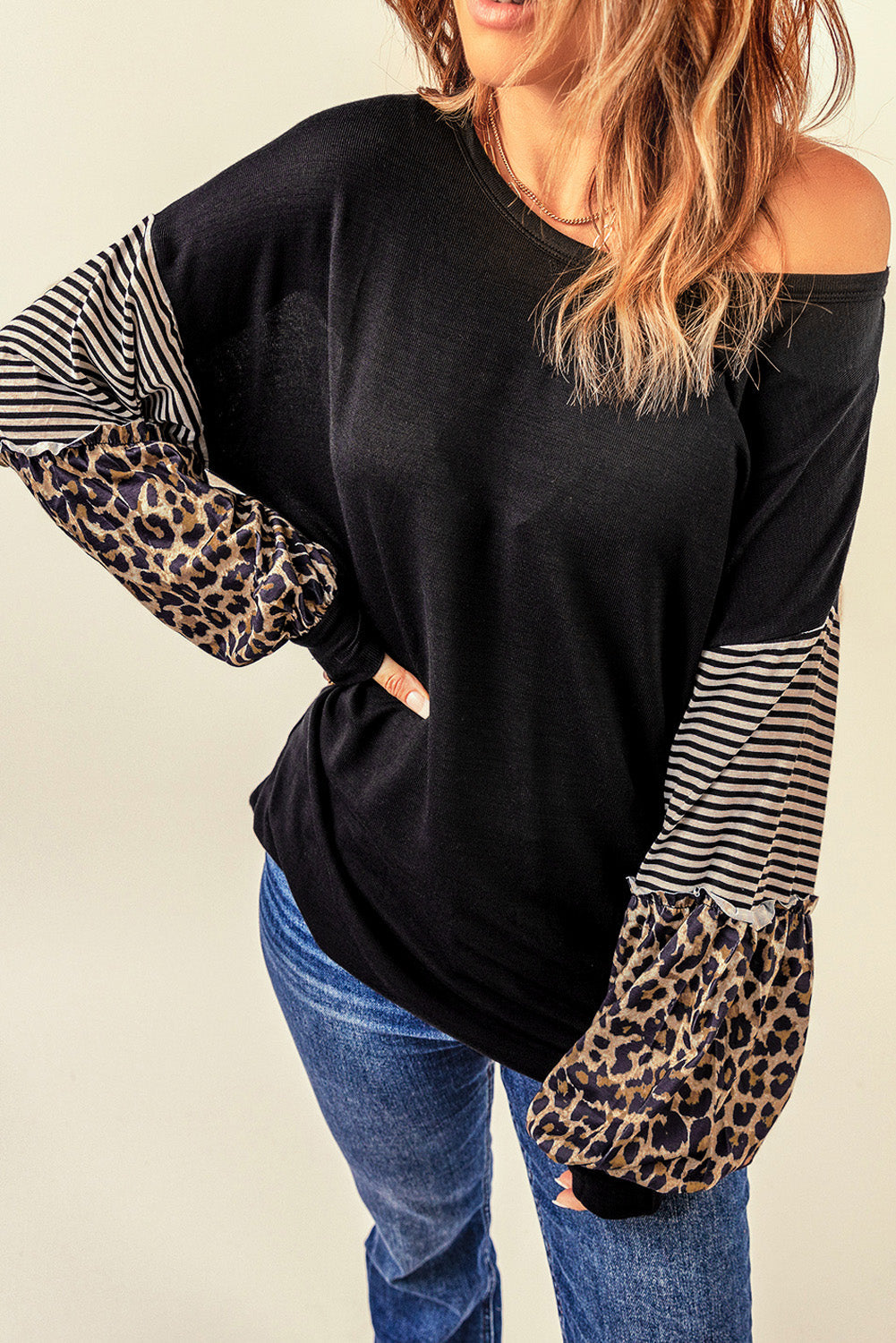 Black Leopard Striped Print Sleeve Colorblock Top