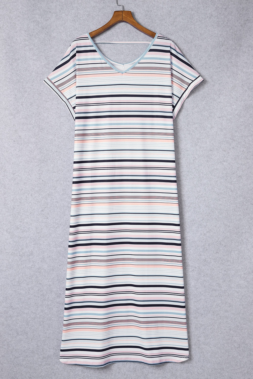 White Striped Print V Neck Side Split Plus Size Dress