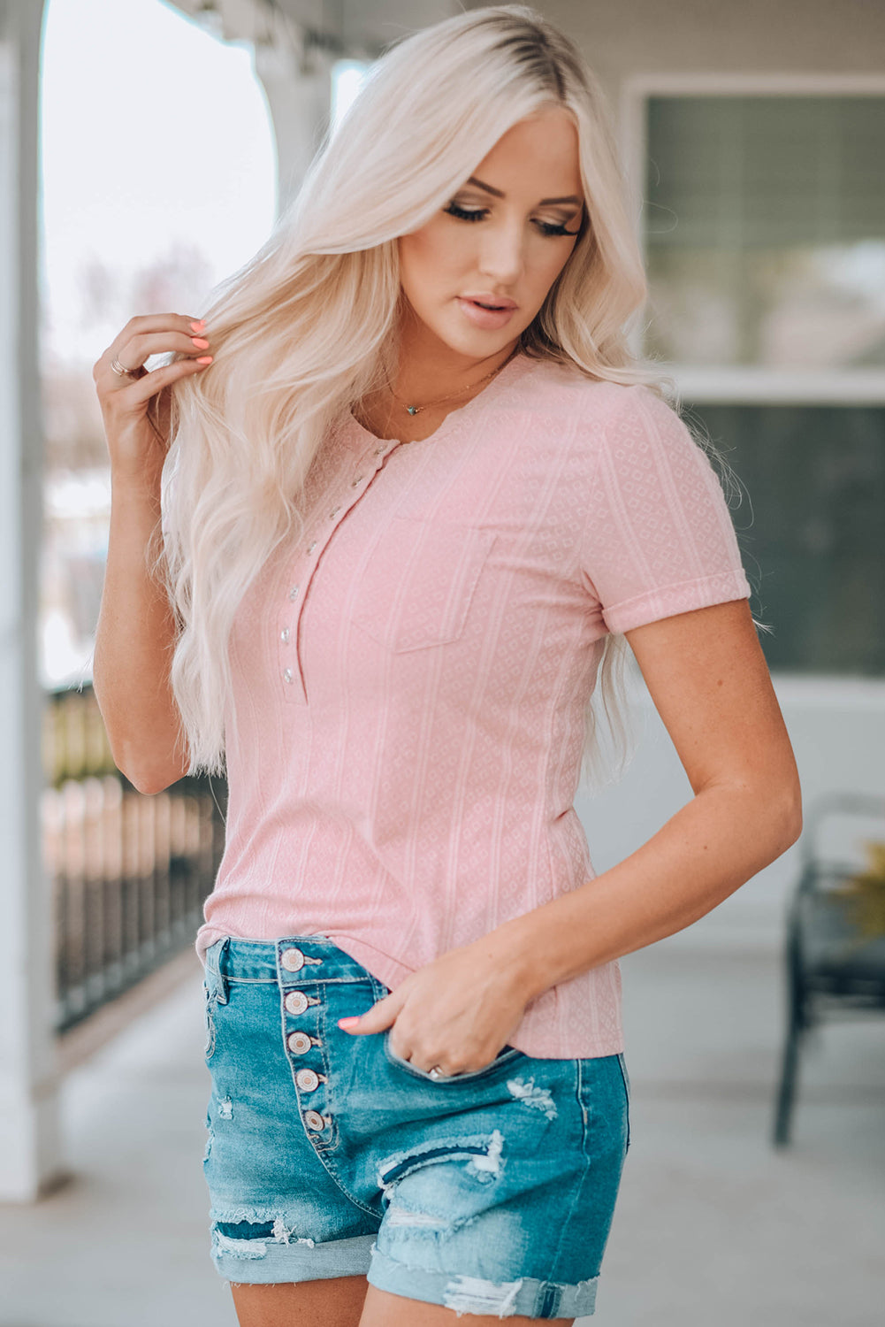 Pink Textured Knit Buttoned Short Sleeve Top