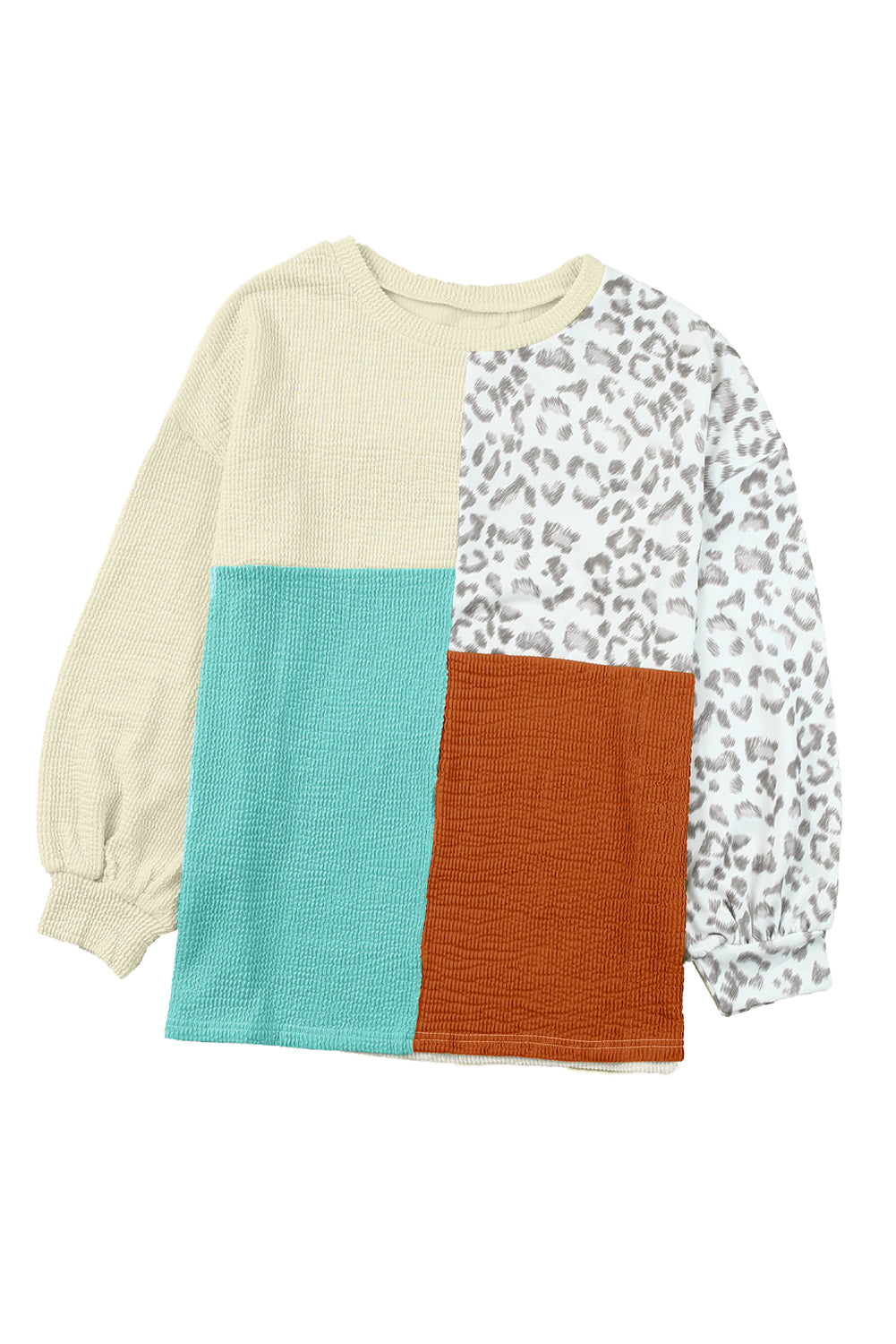 Rose Leopard Patchwork Color Block Ribbed Long Sleeve Top