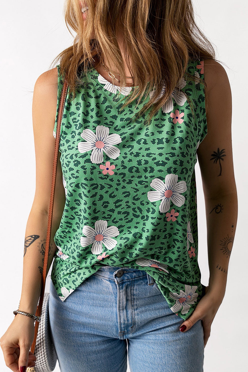 Green Crew Neck Floral Leopard Print Tank Top