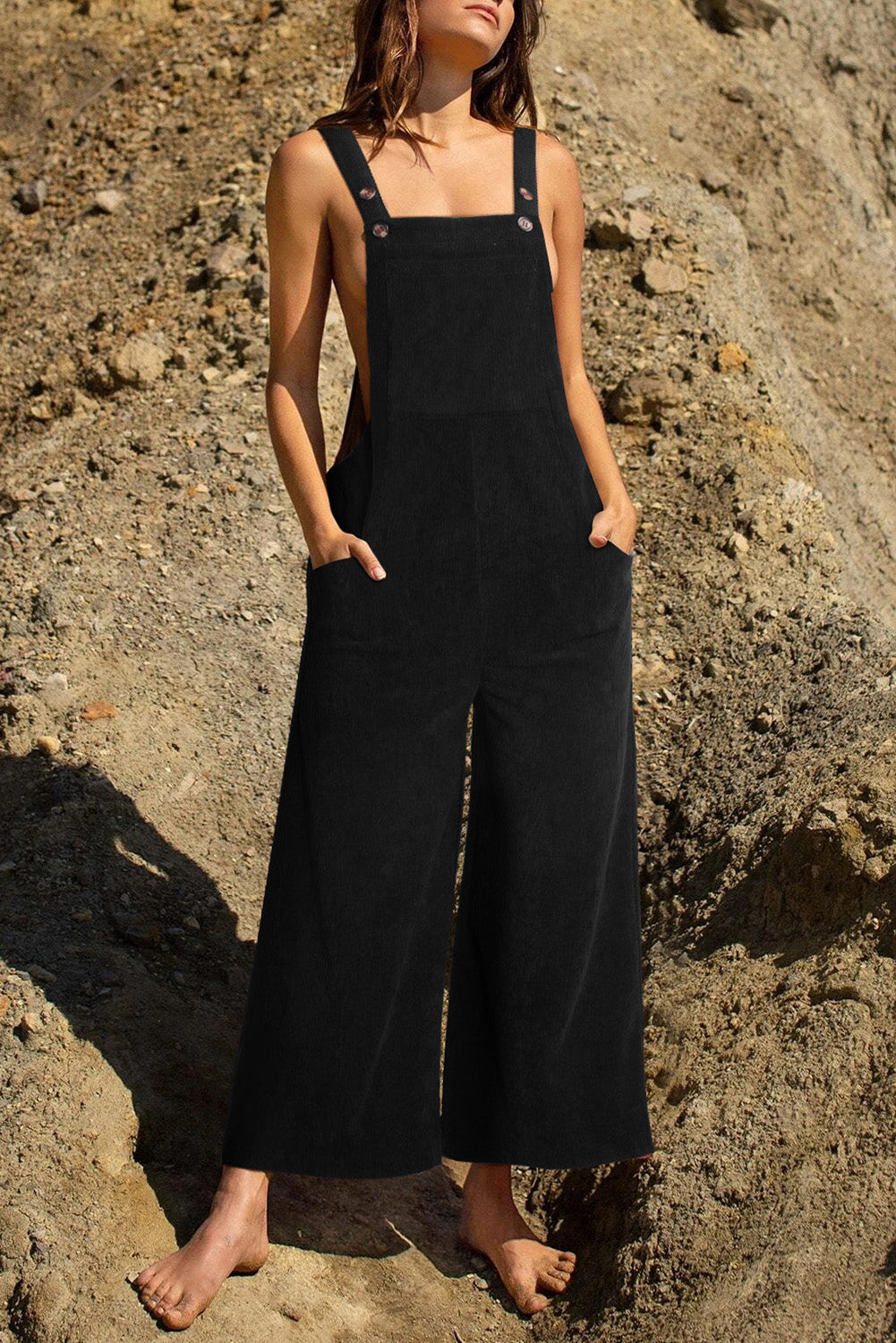 Red Solid Color Corduroy Wide Leg Bib Overalls