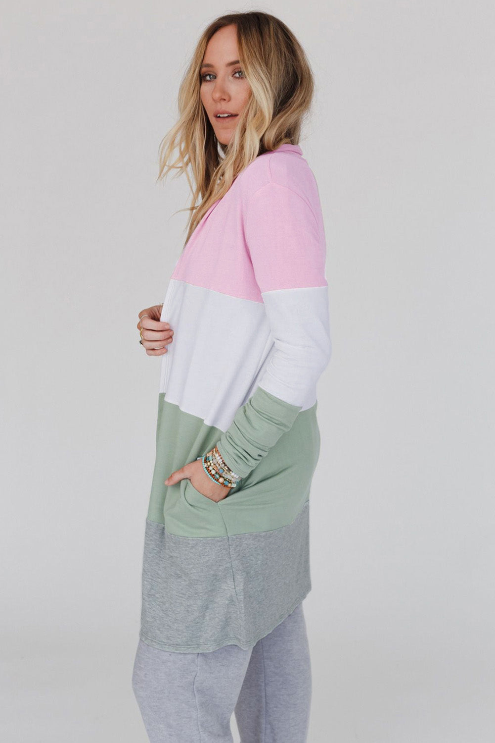 Pink Plus Size Colorblock Open Front Cardigan