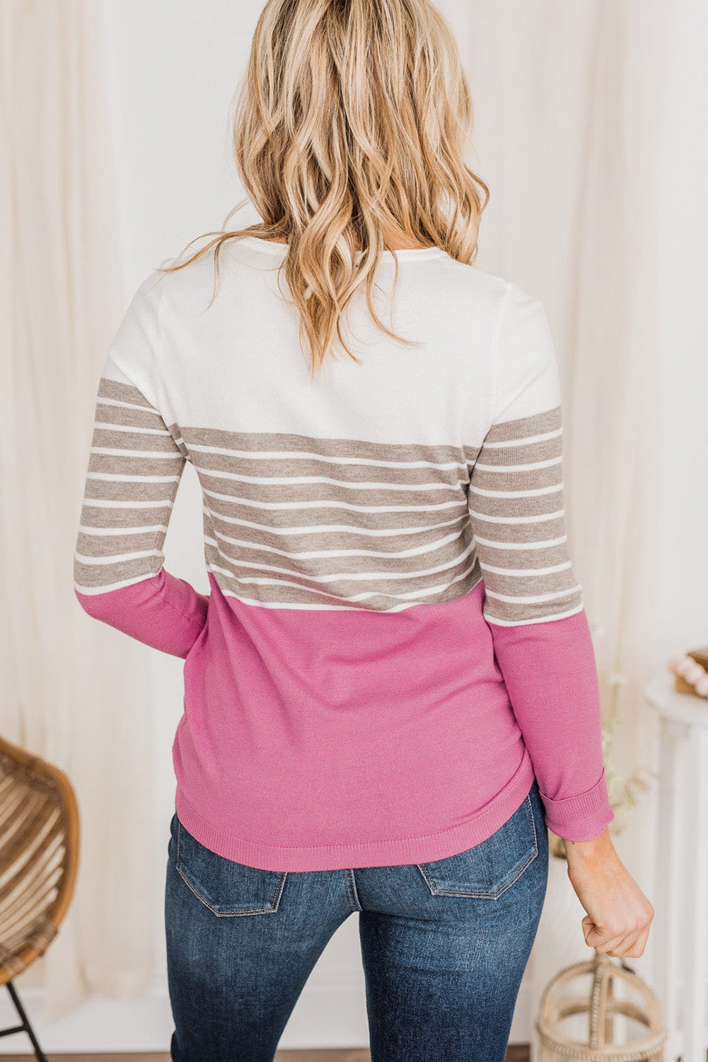 Pink Plus Size Striped Patchwork Knit Sweater