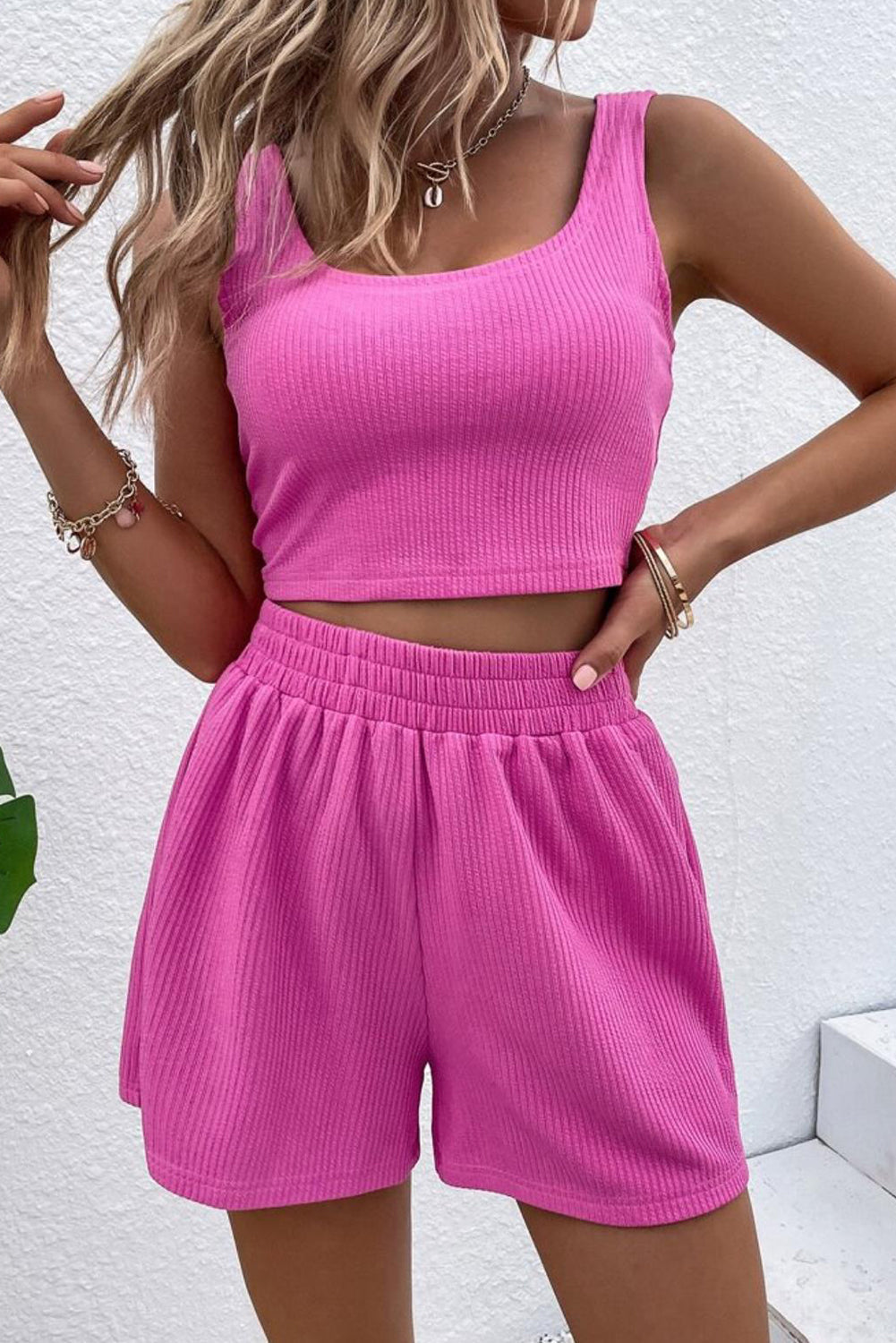 Rose Rib Knitted Sleeveless Crop Top and Elastic Waist Shorts Set