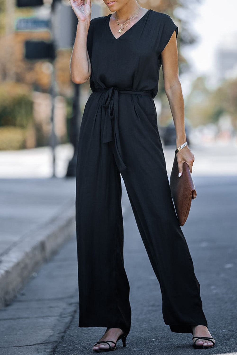 Black Sleeveless V Neck Belted Wide Leg Jumpsuit