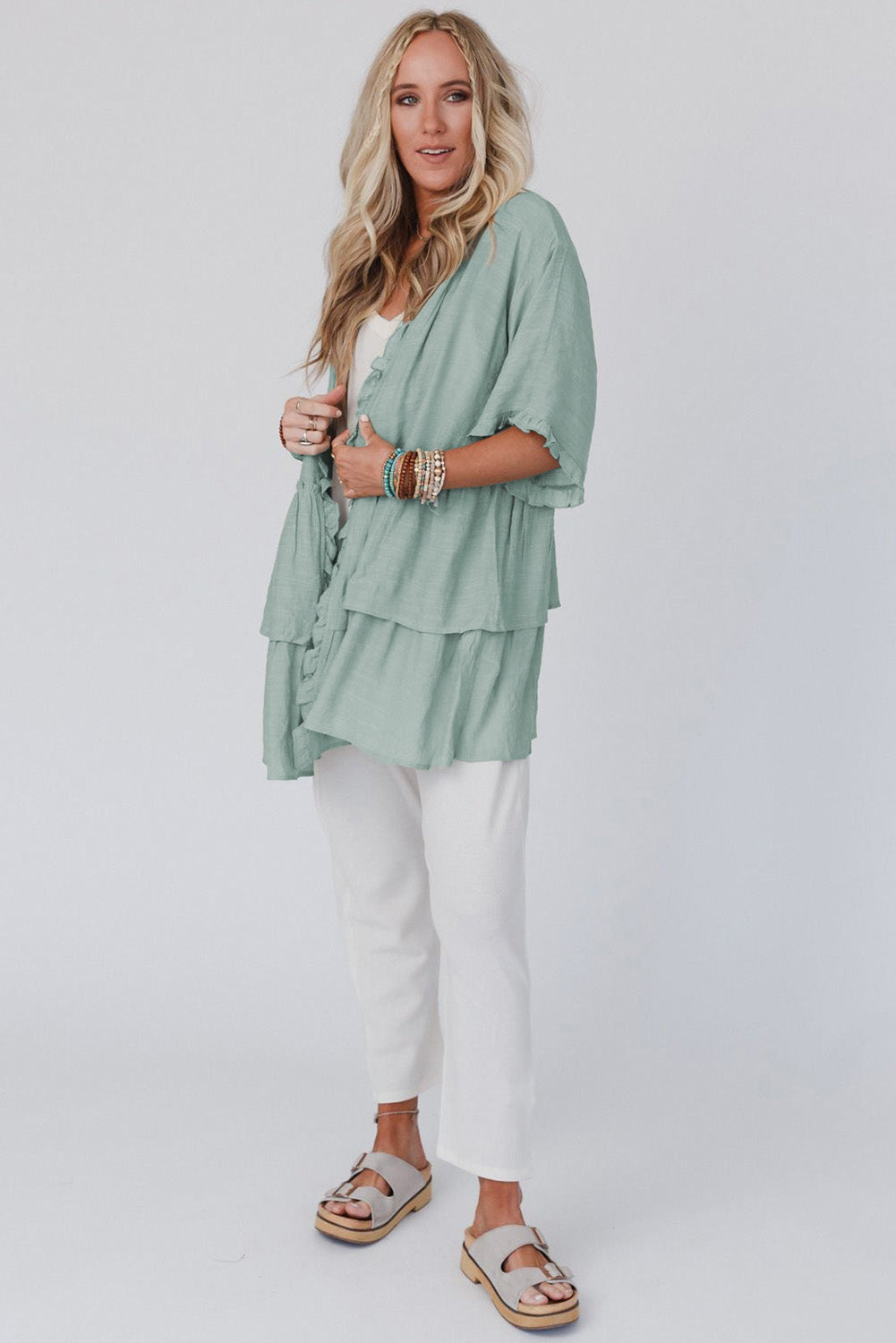 Gray Ruffled Trim Half Sleeve Open Front Kimono