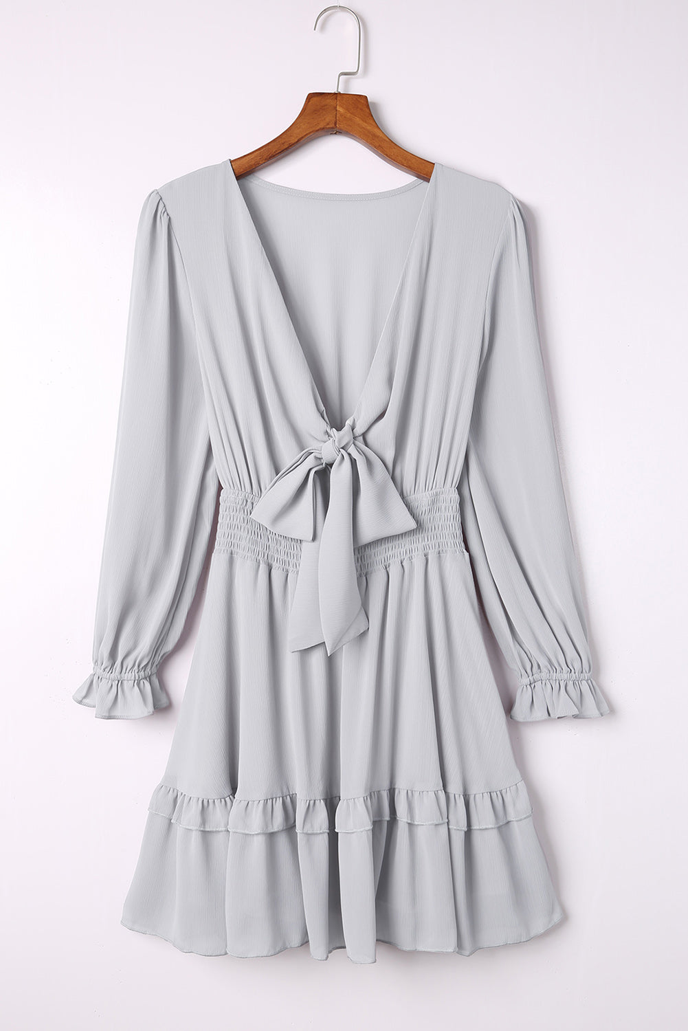 Amicgp V Neck Lantern Sleeve Knotted Tiered Mini Dress