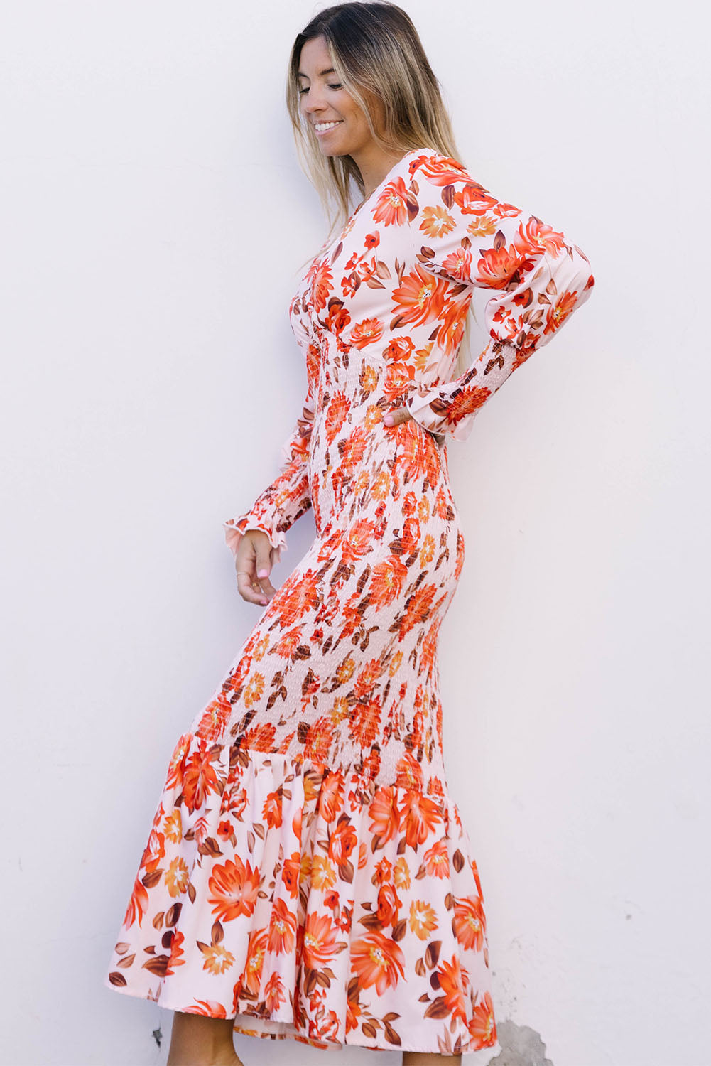 Orange Floral Print Shirred Fit and Flare Deep V Neck Midi Dress