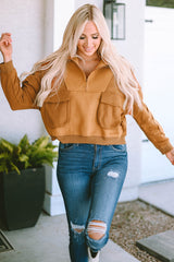 Brown Zip Collared Big Flap Pocket Exposed Seam Sweatshirt