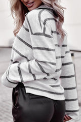 Gray Collared V Neck Striped Knit Top