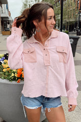 Pink Long Sleeve Flap Pocket Henley Top